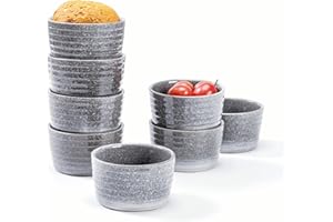 HENTEN HOME Pirottini Ceramica per Soufflé, Set di 8 Pirottini da Soufflé Grigio in Porcellana, Stampi per Muffin, Cupcake e Budini Glassa di Reazione, Adatto per Forno - 240 ml