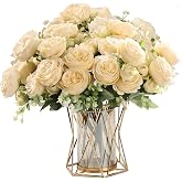 2 Bouquet Peonies Artificial Silk Flowers for Weddings Centres, Champagne | 5 Flowers + 4 Buttons Per Bouquet, Realistic Silk