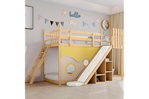 Ymkua Etagenbett Kinderbett 90x200 cm, Hochbett mit Stauraum, Holzbett mit Leiter, Rutsche, Hausbett mit Bettvorhang und Rausfallschutz, Baumhausbett mit Lattenrost und Lagerregal, Natur,Ohne Matratze
