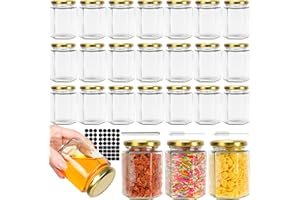 CulnCraz 270 ml Hexagonal Glass Jars with Gold Lids, 24 Pack 9 oz Airtight Canning Jars, Food Storage Jars for Spice, Jam, Honey, Yogurt, Baby Food, with 2 Brushs and 40 Stickers and1 Pen for Labeling