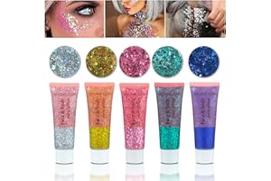 VEROA 5Pcs Face Chunky Glitter Gel,75ml Mermaid Sequins for Body & Hair & Face & Eye & Lip Festival Holographic Glitter for Party Show Nightclub Art Festival Makeup Decoration,Vegan, Cruelty-Free