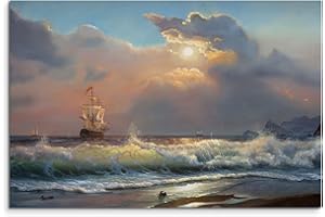 PAUL SINUS ART 120x80cm Leinwandbild auf Keilrahmen Ölgemälde Strand Meer Wellen Segelboot Wolken Wandbild auf Leinwand als Panorama