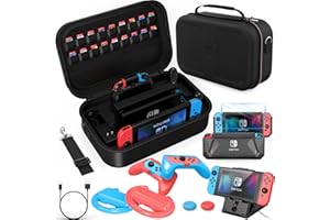 Mooroer 12 en 1 Accesorios para Nintendo Switch con Funda de Transporte para Switch, Carcasa de TPU, Protector de Pantalla, Soporte, Grip y Volante, Apretones de Pulgar, Cable USB, R/A