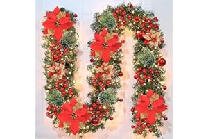 YKGUTILU Guirnalda Navidad, Corona navideña de 2,7 m, 200 Ramas, con Bayas Rojas y Agujas de Pino Blanco,Decoracion Navidad para Chimenea con escalones de jardín (Rojo)