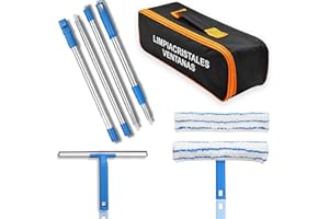 M MCM-MANGUE Limpiacristales Telescopico con Rasqueta Limpiacristales + Paños Microfibra | 2 Cabezales Intercambiables con Palo Extensible | Ideal Ventanas Altas, Mamparas y Coche | Incluye Bolsa para Guardar