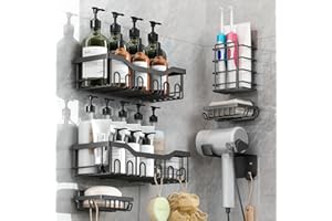 rigors 6 Piezas Estante Ducha Sin Taladro, Estanteria Baño Acero Inoxidable, Estanteria Ducha Autoadhesivo, Estantes Cesta con Ganchos Baño Estante Antióxido, para Cocina o Baño (negro)