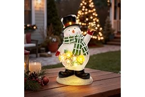 GIGALUMI Schneemann Statue Gartendeko, Gartenornamente für den Außenbereich mit 9 LEDs, Geschenke für Mama, Geburtstagsgeschenke für Frauen, Dekorationen für Terrasse, Hof