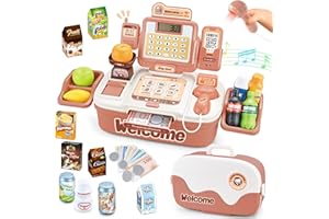 KalaDuck 2 In 1 Cash Register for Kids Age 3, 42PCS Toy Till with Scanner, Toy Money, Food, Walkie Talkie, Role Play Supermarket Grocery Play Shop Gift for Boys Girls (Pink)