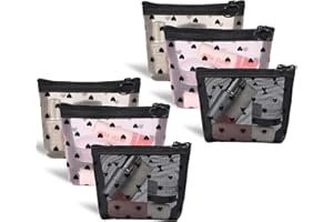 Adorila 6 Pack Mini Mesh Makeup Bags, Heart Print Zipper Mesh Storage Pouch, Travel Cosmetic Accessories Organizer for Women (Black, Beige, Pink)