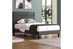 ‎MERAX Merax Polsterbett 90X200cm, Bettgestell mit Lattenrost & Kopfteil, gepolstertes Einzelbett, Textilbezug Leinen in Dunkelgrau, Zeitloses modernes Design, Jugendbett