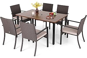MFSTUDIO Outdoor Dining Furniture Set 7 Piece, 6 Rattan Chairs and A Rectangular Table with Adjustable Umbrella Hole, Waterproof Cushion Included, Garden Table and Chairs Set 6, Weather Resistant