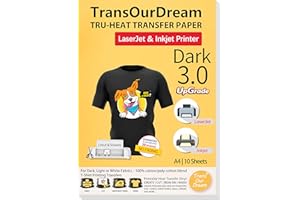 TransOurDream Tru-Transfer Paper Upgraded 3.0 10 Sheets A4 Printable Vinyl for Inkjet&Laser Printer Iron on Heat Transfer Paper for Dark Fabric Transfers Black T-Shirts (Trans-03-10)