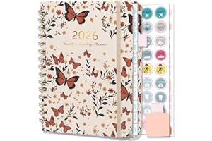 NEYSA Agenda 2026 Semainier Spirale, Jan- Déc 2026 (12 mois) A5 Agenda Scolaire Avec Boucle de Stylo, Autocollants de Plan & Onglets Mensuels, Pochette -21 x 15 cm (Papillons rouges)