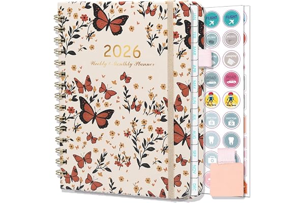 NEYSA Agenda 2026 Semainier Spirale, Jan- Déc 2026 (12 mois) A5 Agenda Scolaire Avec Boucle de Stylo, Autocollants de Plan & Onglets Mensuels, Pochette -21 x 15 cm (Papillons rouges)