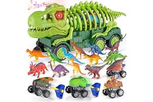 Aoskie Camión Transportador de Dinosaurio para niños 3 4 5 6 7 años, con Luz y Sonido, 4 Dinosaurios Juguetes Coches, 12 Mini Dinosaurio