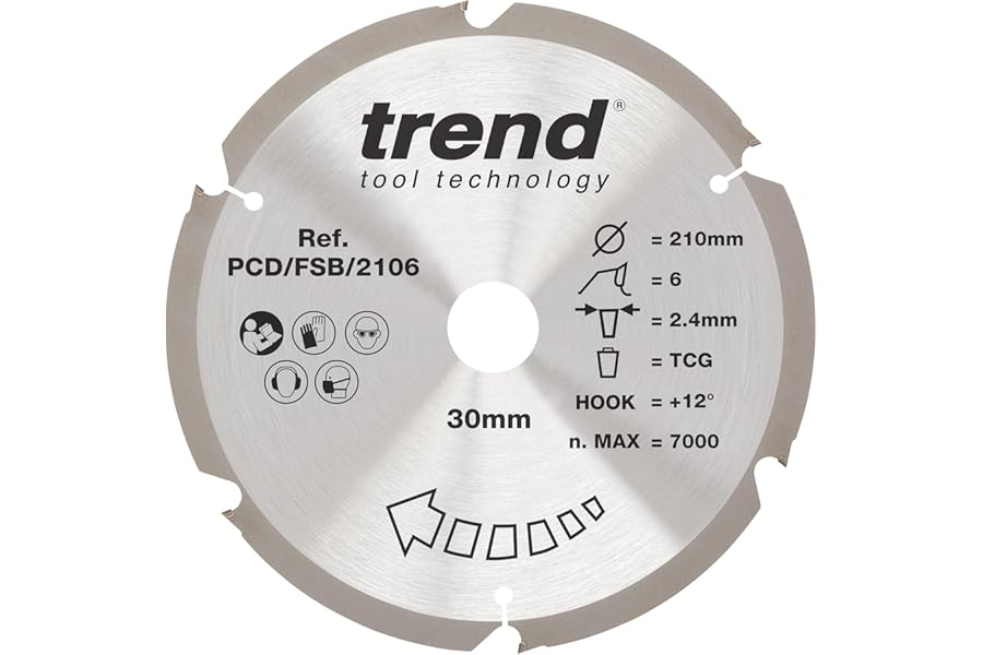 Trend PCD Fibre Cement Circular Saw Blade, 210mm Diameter, 30mm Bore, 6 Teeth, 2.4mm Kerf, +12° Hook, PCD, Coarse Finish, PCD/FSB/2106