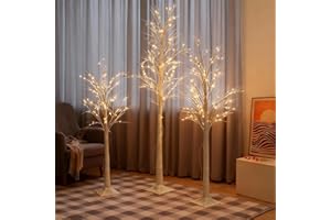 MANSADER White Twig Tree Set with lights Christmas Tree-1.5M, 1.8M, 2.4M, 3 Pack with 448 LEDs Total, Plug in Led Birch Tree Light Up Tree Indoor Outdoor Festive Garden Decor
