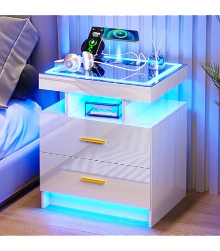 Lvifur High Gloss Nightstand with Wireless Charging Station&LED