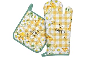 Arquiel Guante De Horno Agarraderas, 100% AlgodóN Guante De Cocina Resistente Al Calo Grueso Seguro para Cocinar, Hacer Barbacoas Microondas Y para La Chimenea(Abeja Margarita)