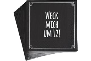 ‎PECHKEKS Pechkeks Silvester Servietten schwarz - Weck mich um 12! - Party Neujahr Tischdeko mit Spruch für Freunde des schwarzen Humors, 33 x 33 cm, 10 Stück