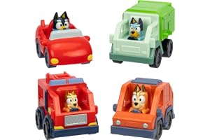 Bluey Mini Racers Toy Vehicles-set med 4, Garbage Truck, Convertible, Family Car och Firetruck små leksaksbilar, småbarn bill