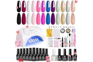 BEETLES GEL POLISH Beetles Gel Nail Polish Starter Kit - 12 Colors with 48W UV LED Lamp, Base and Top Coat, Nude Pink Black White Red Blue, Glitter Powder for DIY Manicure Art