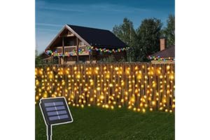 CCILAND Solar Curtain Lights Outdoor 6M x 1M 300 LED Green Wire Waterproof Waterfall Curtain String Lights for Patio Gazebo Party Summer Decoration - Warm White