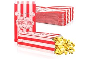 BINGGUNYO 100 Pcs Sachet Pop Corn, Petites Popcorn Boîtes 9 x 6 x 21 cm, Cinéma Sac à Pop Corn Oléophobes pour Popcorn Machine, Boîte à Pop corn Vintage à Rayures Rouges pour Party, Carnival (100)