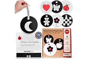 HANNIline® Kontrastkarten Baby [Made in EU] 20 Bilder auf 10 doppelseitigen Karten Baby Spielzeug 0 Monate Erstausstattung Neugeborene Montessori + Schlaufe, Elternratgeber