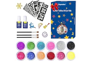 SUPMAKER Temporary Glitter Tattoos Kit for Girls, 12 Color Tattoo Set for Creative Kids, Fun Arts & Crafts for Girls, Great Birthday Presents Gift for 6 7 8 9 10 Year Old Girls