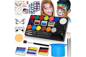 RIDWILY Children's Make-Up Set, 18 Colours, 4 Professional Brushes, Quick-Drying, Non-Toxic, Easy Wash, Professional Body Painting, Make-Up Colours, Stencils, Cleaning Sponges, Make-Up for Masquerade,