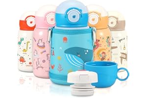 SANTECO Botella de Agua Isotérmica para Niños 450ml con Pajita, Botella Metálica de Acero Inoxidable Aislada al Vacío sin BPA Reutilizable para la Escuela, los Deportes y el Jardín de Infantes