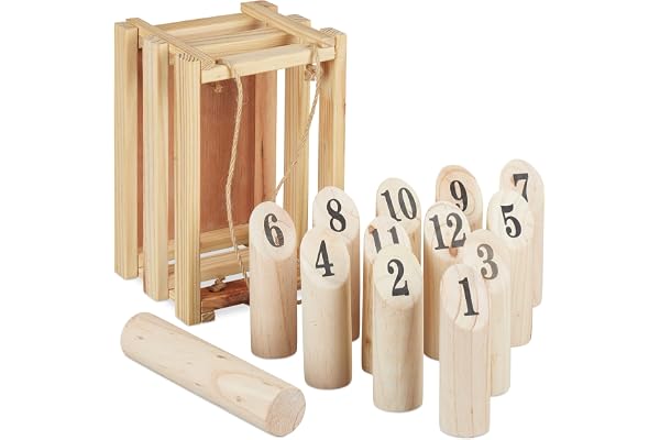 Relaxdays Kubb, Jeu kubb Viking en Bois, Caisse de Transport, adultesm Enfants, 12x28x18m5 cm, Jardin, Camping, Nature