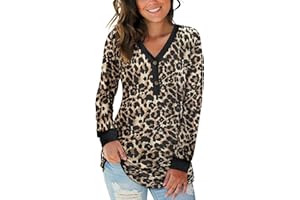 AUSELILY T-Shirt col V à Manches Longues pour Femmes Ample Décontracté Henley Chemisier Tunique Tops Bouton Blouses