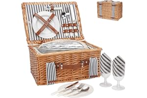 WICKERLAND Picknickkorb-Set aus Weide für 2 Personen, handgefertigt, mit isoliertem Kühl- und Besteck-Set, Geschenkkorb für Paare, Valentinstag, Geburtstag, Hochzeit, Party im Freien
