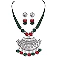 JFL - Jewellery for Less German Oxidised Silver Tribal Chandra Titri Pendant with Cotton Thread Balls Handcrafted Necklace Set with Adjustable Thread for Women & Girls.