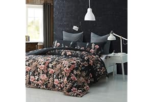 FANSU Copripiumino Una Piazza E Mezza 200x200cm-Nero Stampa Fiore Copripiumino Matrimoniale Bambina in 100% Microfibra 3 Pezzi con 2 Federa(50x75CM) cme Chiusura a Cerniera