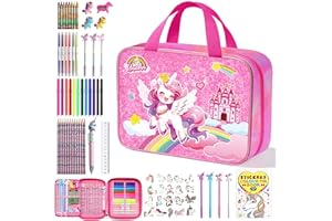 JYPS Unicorno Borsa de Kit Colori, 73 Pcs Lavabili Valigetta Colori Bambini con Pennarelli, Pastelli e Cera, Album da Disegno, Kit Disegno Colori, Unicorno d'arte Regalo per Bambina 4 5 6 7 8 10
