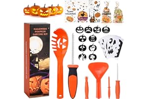HOTSAN Halloween Kürbis Schnitzset Kinder, 5 Einfach Kürbis Schnitzwerkzeug + 10 Kürbis Schnitzvorlagen + 2 LED Kerzen, DIY Familie Halloween Dekorationen