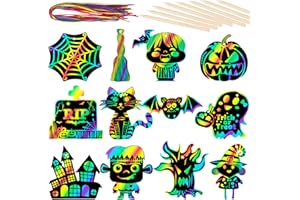 RICEDUO Halloween Scratch Paper Art Set - 48 Pcs Halloween Magic Rainbow Scratch Off Cards for Kids, Pumpkin, Ghost, Witch Hanging Ornaments for Halloween Party Favors Activities(12 Styles)