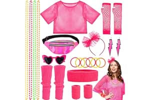 CHELOVEER 80er 90er Jahre Outfit Damen 80er Jahre Accessoires T-Shirt Gürteltasche Ohrring Halskette Zhandschuhe Brille Haarreif Stirnband Set Beinstulpen Armband Für Karneval Cosplay Party 80er Kleidung Damen