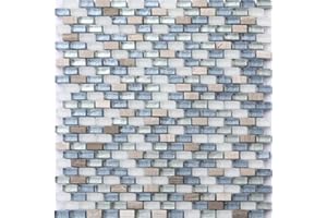 GRAND TAPS White, Blue and Silver Glass & Natural Stone Brick Shape Mosaic Tiles Sheet (MT0125) (1 Sheet)