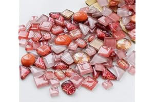 1.1 Pound Mosaic Stones for Crafts, Muggle Stones for Creative DIY, Mini Stained Glass Decorative Stones for Outdoors, Red Pink
