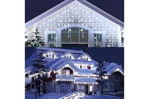 Rintea Luci Natale Esterno 10M 400 LED, Tenda Luminosa Impermeabile IP44 con Timer e 8 Modalità, Luci Natalizie per Esterno, Grondaia, Tetto, Giardino e Decorazioni Natalizie