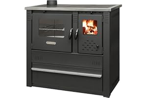 ProTermo Kaminofen Panonia in Basic Grau mit Abzug Links - 10,54 kW Heizleistung - 90x51x85 cm Holzofen mit Backfach und Herdplatte ohne selbstschließender Tür - Bauart 2