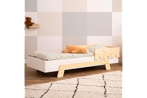 SMARTWOOD Letto bambini PUZZLE BR1, letto montessori bambini con ringhiera, lettino bambino singolo - Bianco - 90x180cm