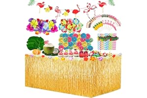 Guiffly Hawaii Deko UK Hawaiian Party Decorations, 128 Pcs Tropical Party Decorations,Hawaiian Table Skirt, Flamingo Banner, Palm Leaves, Cocktail Accessories, Tiki Party Decorations for Hawaiian