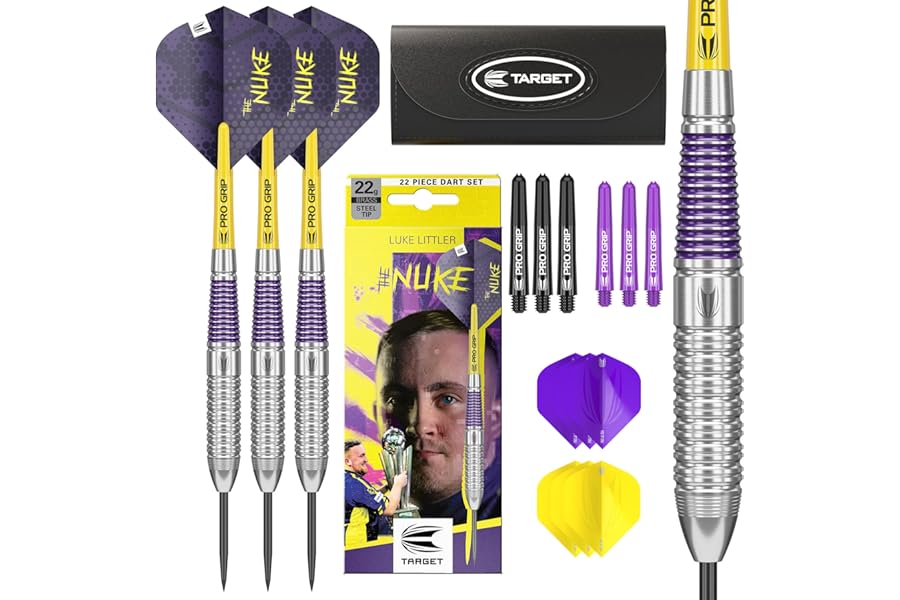 Target Darts Luke Littler Brass Steel Tip Darts Set – 22G Steel Tip Dart, The Nuke Player Edition Dart Set, Dart Flights, Shafts & Dart Case Included | Professional Dart Accessories