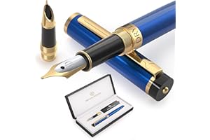 Dryden Designs Fountain Pen - Medium Nib & Fine Nib | Includes Luxury Box, 6 Ink Cartridges - 3 Black 3 Blue and Ink Refill Converter - Mysterious Blue