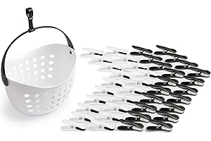 culiclean Clothes Pegs for Washing Line with Basket Strong Soft Grip 40 pcs "Soft Clips" + 1 Peg Basket, Laundry Pegs black white white black with Basket white with Handle black